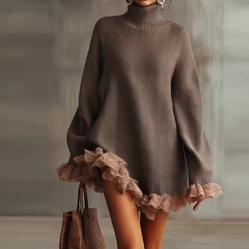 Robe pull col roulé pour femme, automne, à volants, manches longues, décontractée, élégante, mini, tricotée, coupe oversize, vêtements d'hiver
