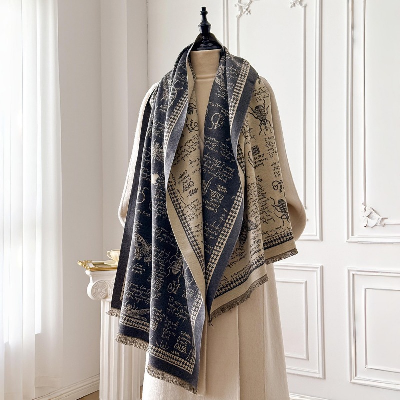 Écharpe rétro pour femmes à imprimé insectes, double face, à larges franges, anti-froid, pour un usage quotidien.