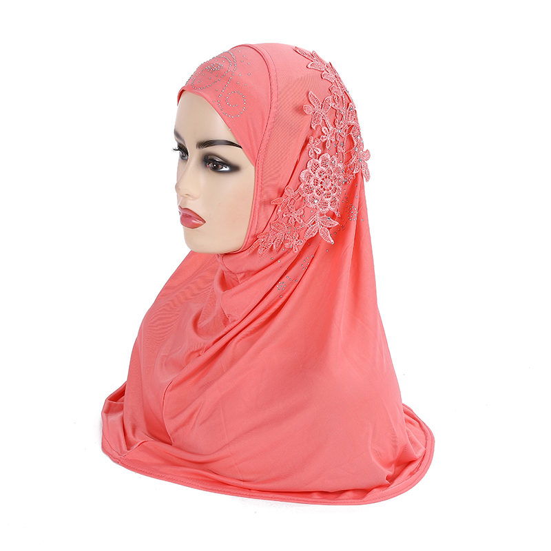 H027 Magnifique Hijab Musulman pour Adolescentes avec Dentelle et Pierres, Écharpe Islamique, Châle, Foulard, Chapeau Armia, à Enfiler, Cadeau de Ramadan