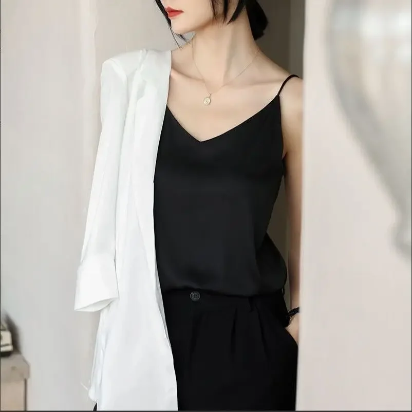 Haut en Satin Long Type Inj-Like pour Femme, Camisole à Bretelles, Sexy, Vert, Blanc, Vintage, Vêtements pour Dame