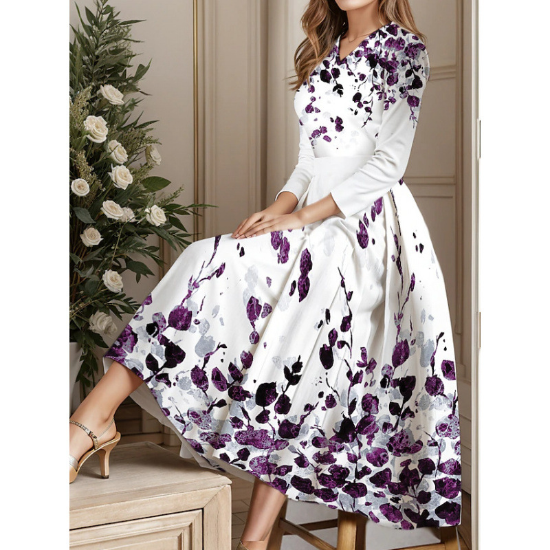 Robes pour femmes 2026 à imprimé floral, col en V, manches trois-quarts, décontractées, coupe évasée mi-mollet, vêtements pour femmes, vestidos