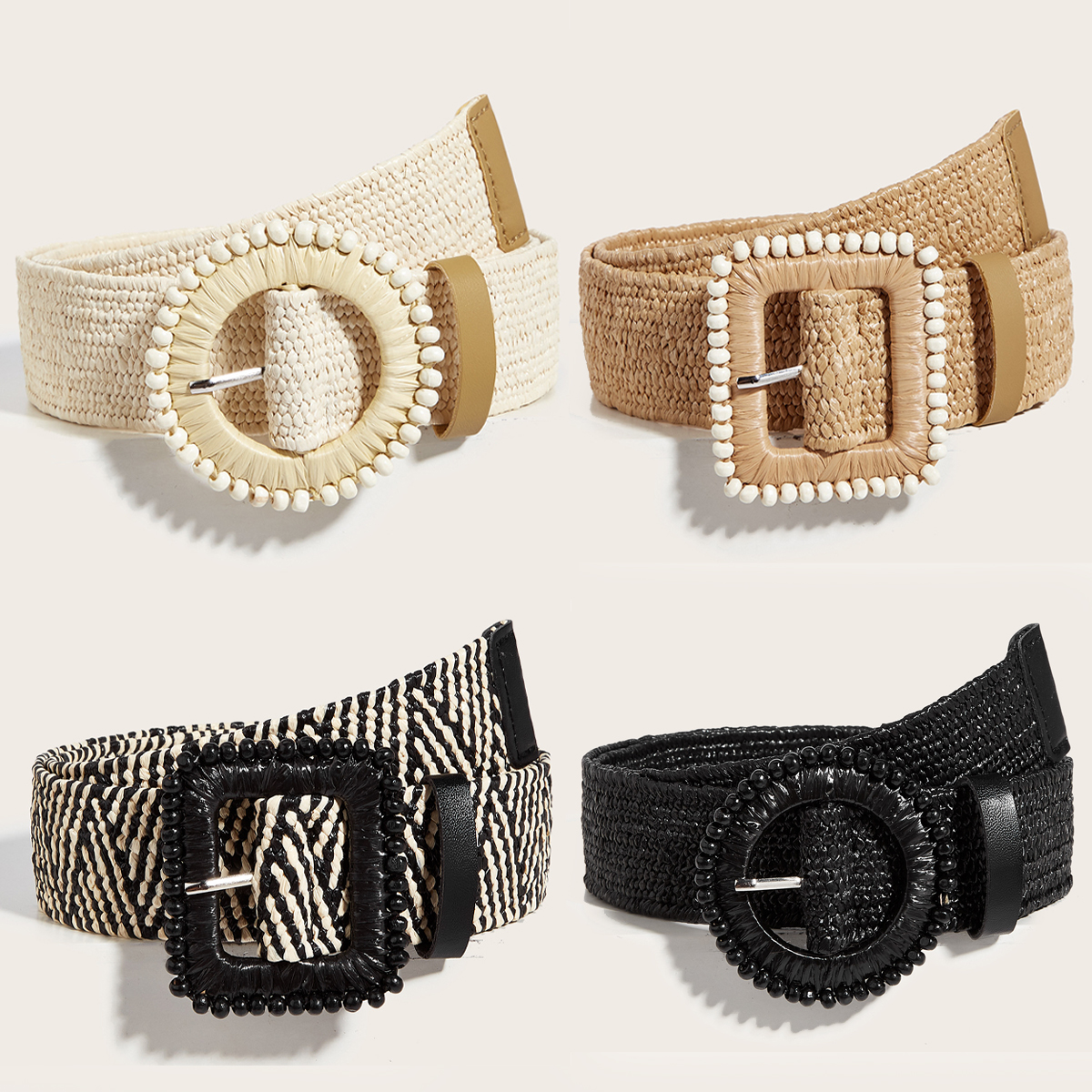 Ceinture élastique en paille tressée pour femme, style bohème, pour robes et jeans, idéale pour l'été, les vacances et la plage