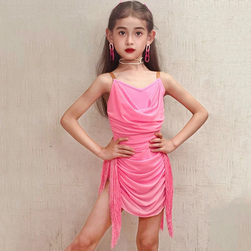 Robe de danse latine pour enfants, col licou, Costume pour filles, Chacha Samba Rumba, jupe à franges, vêtements de danse pour spectacle sur scène