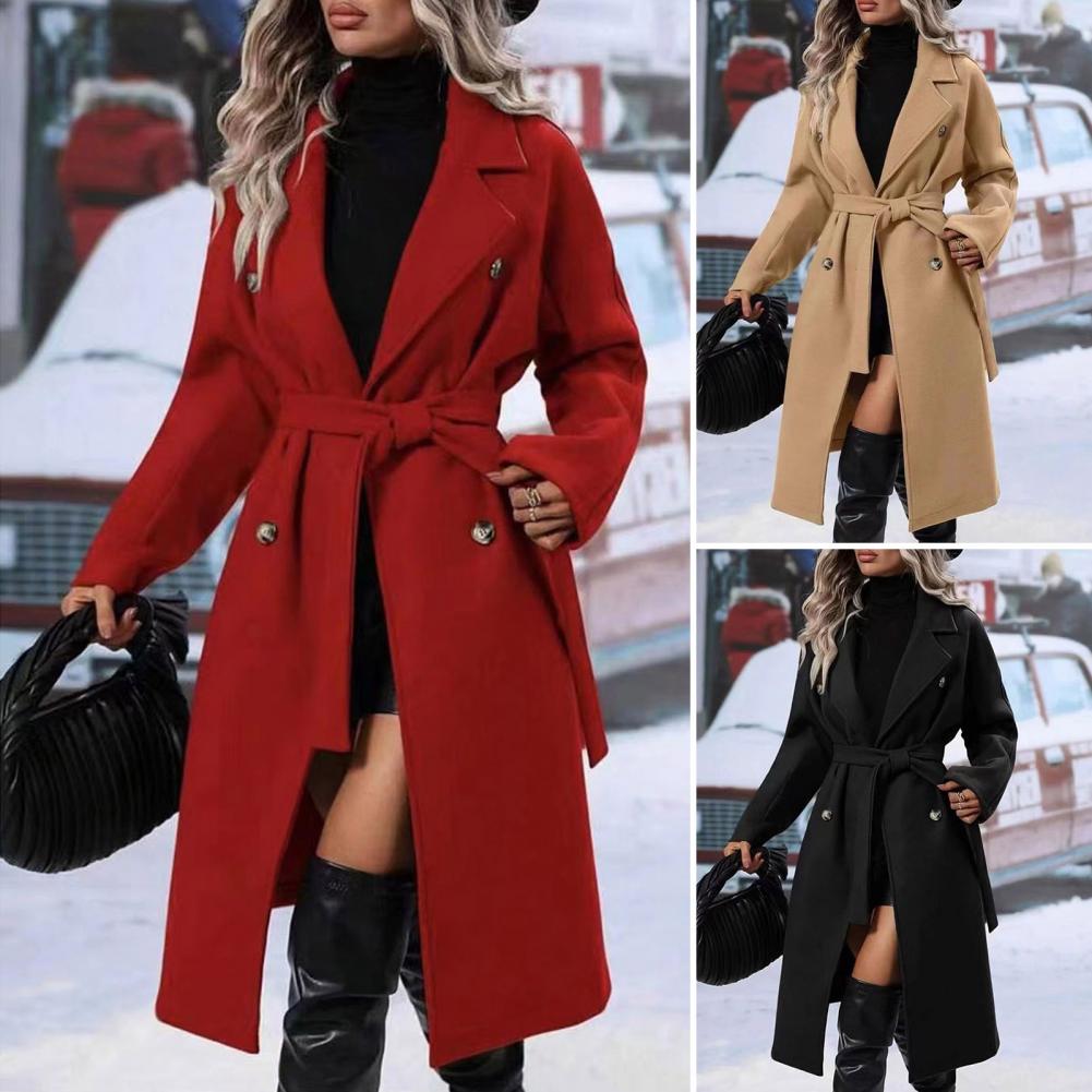 Manteau coupe-vent décontracté pour femme, Trench-Coat élégant en laine avec ceinture, pardessus Double boutonnage pour l'automne et l'hiver