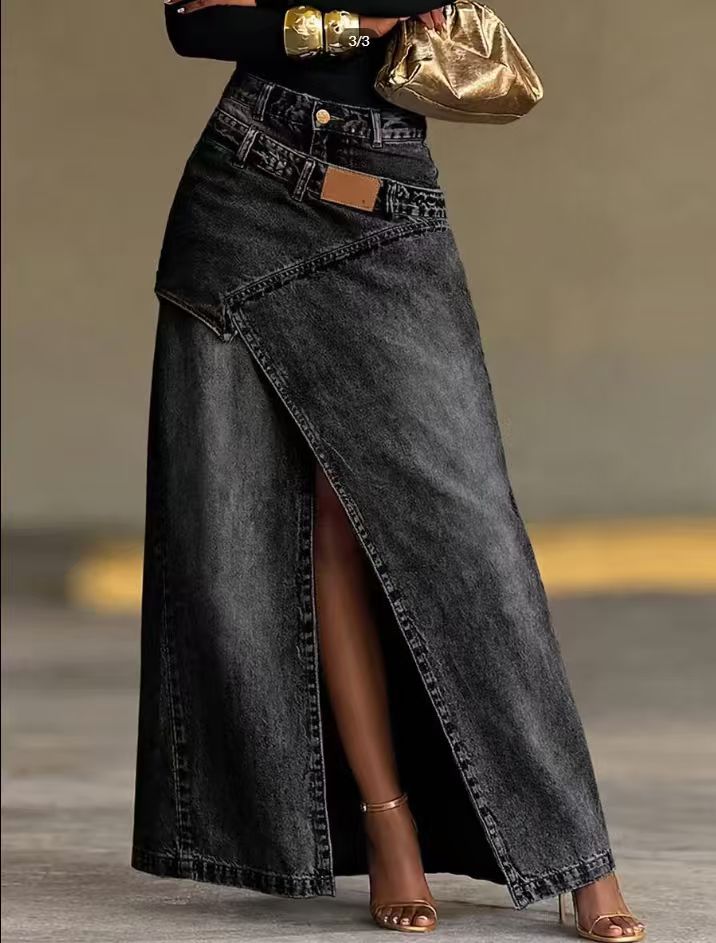 Jupe longue en jean décontractée pour femme, nouvelle collection printemps-automne 2026, couleur unie, taille haute, fente irrégulière, style streetwear, coupe trapèze