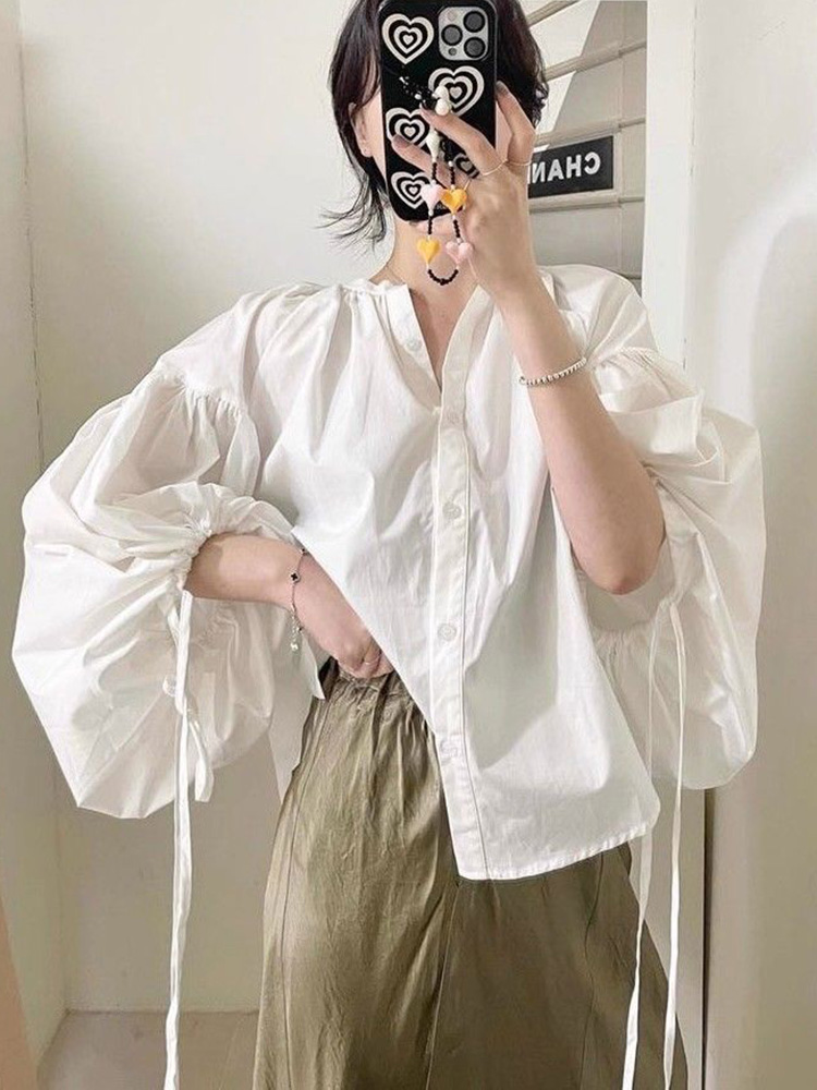 Chemisier Chic et Décontracté pour Femme à Manches Lanterne, Col Rond, Coupe Ample, Style Coréen, avec Lacets, Tendance Printemps