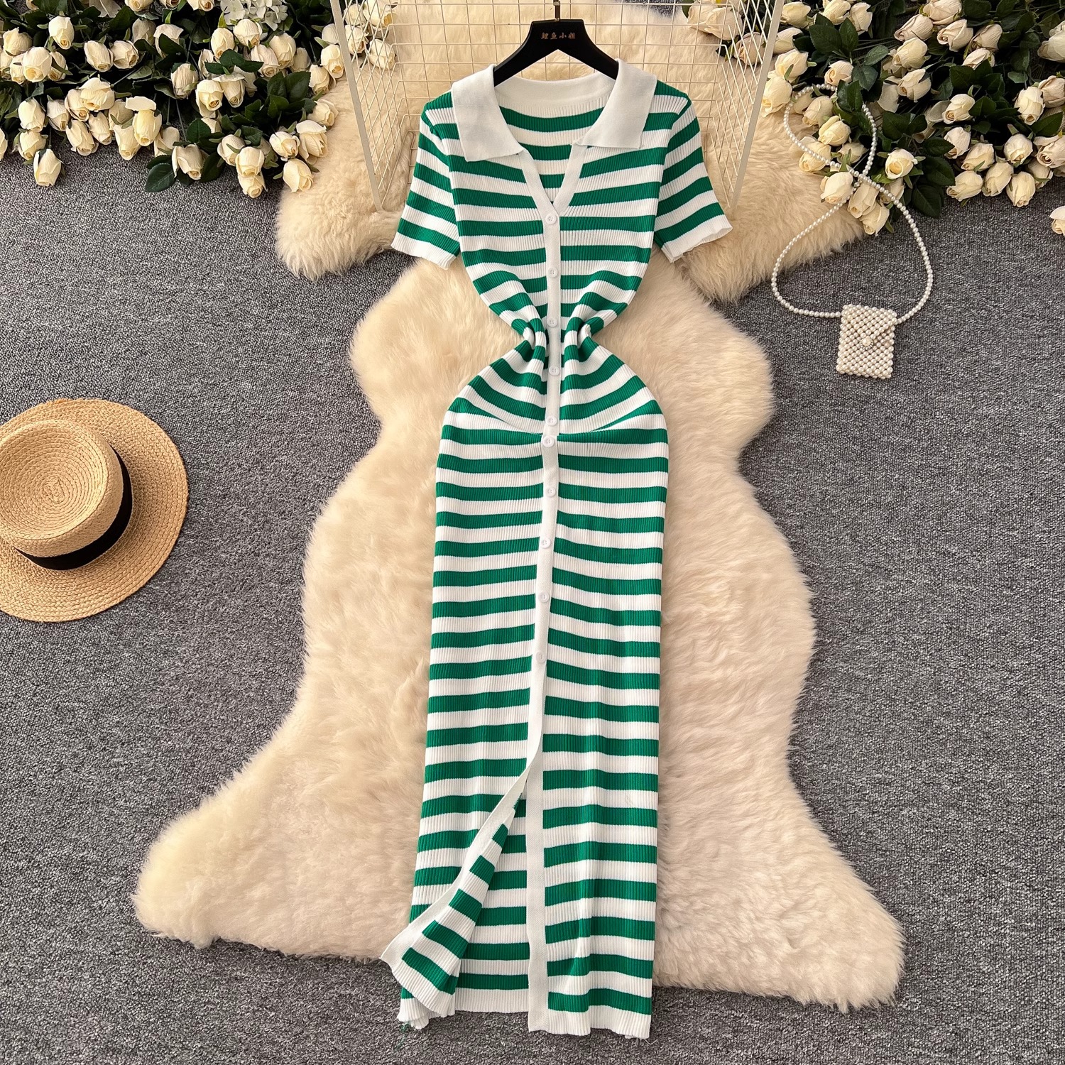 YuooMuoo Chic mode Sexy Wrap hanches tricoté Maxi robe 2026 été femmes simple boutonnage rayures robe pull Streetwear Robes