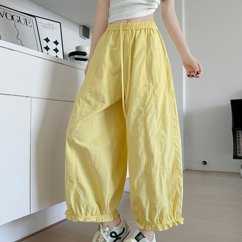 Pantalon coréen tendance à volants pour femme, coupe lanterne, ample, longueur cheville, jambe large, taille élastique unie, décontracté, pour l'été