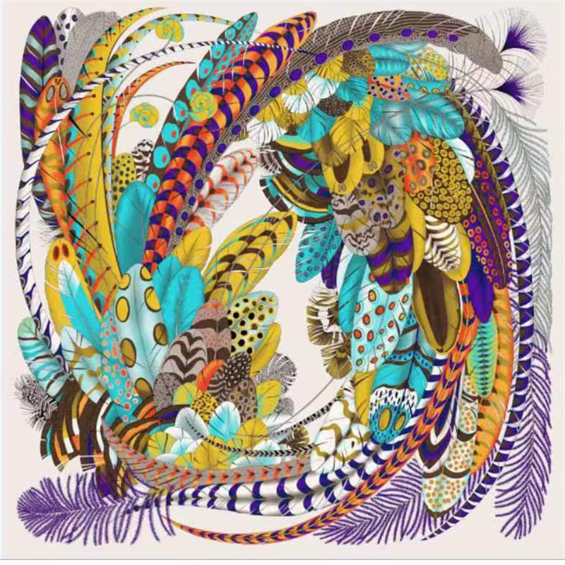POBING-Foulard pour Femme, Grand Châle, Imprimé Plumes, Carré, Bandana, Hijab Musulman de Luxe, Enveloppes, 130cm