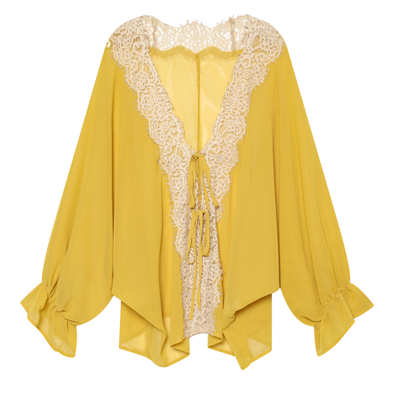 Chemisier élégant jaune transparent à manches longues pour femme avec dentelle, coupe oversize, idéal pour l'été