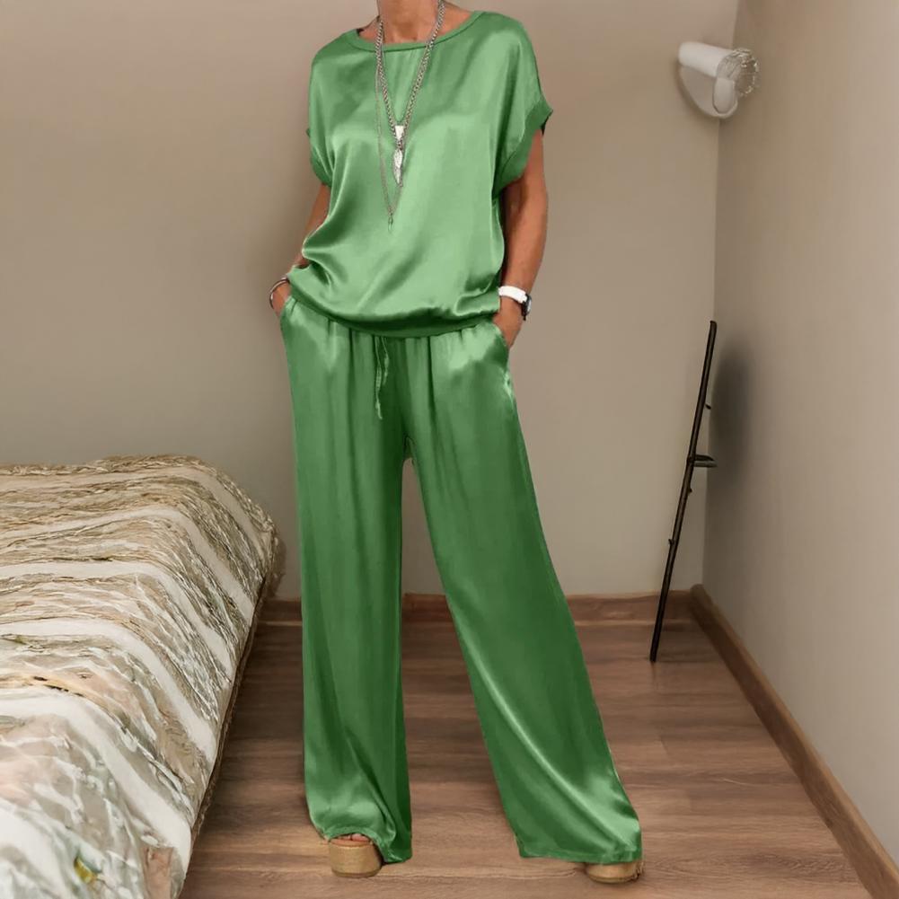 Ensemble deux pièces pour femmes en satin simple, mode estivale, chemisier ample à manches courtes, pantalon à jambes larges, tenues décontractées pour femmes