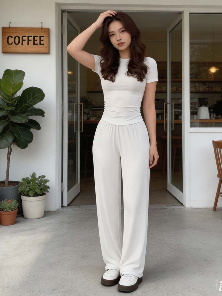 Ensemble décontracté pour femmes, t-shirt à col rond à manches courtes avec pantalon, ensemble de vêtements de maison pour femmes en couleur unie pour le printemps et l'été
