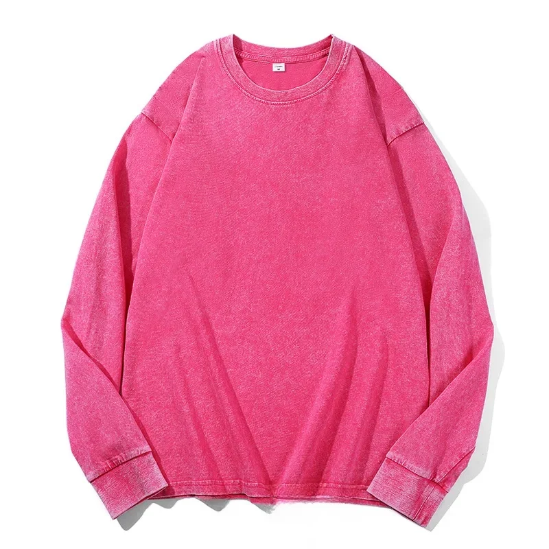 T-shirt à manches longues 100% coton pour hommes et femmes, style américain vintage, col rond, coupe ample, vêtements pour hommes, automne