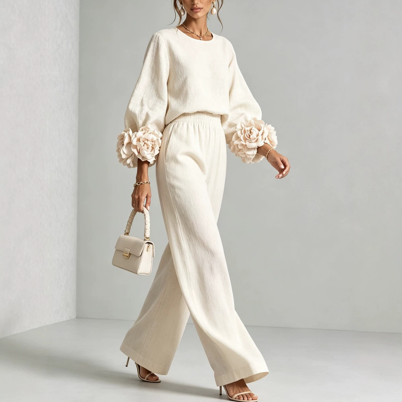 Ensemble 2 pièces pour femme : Haut à col rond et manches longues bouffantes, motif floral 3D + pantalon large à taille élastique – Tenue élégante et décontractée pour le bureau, collection automne