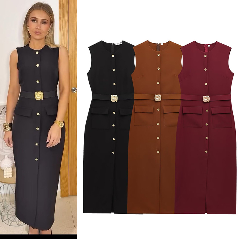 Robe femme noir robes longues printemps été 2025 boutonné sans manches robe d'été robes élégantes décontractées robes pour femmes