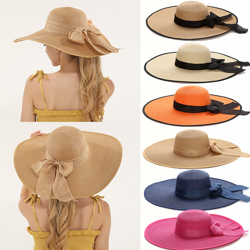 Chapeaux de paille de plage à large bord de 15CM pour femmes, chapeau de soleil Simple et pliable pour sortie d'été, mode Brom plat avec nœud papillon, Protection Uv Panama