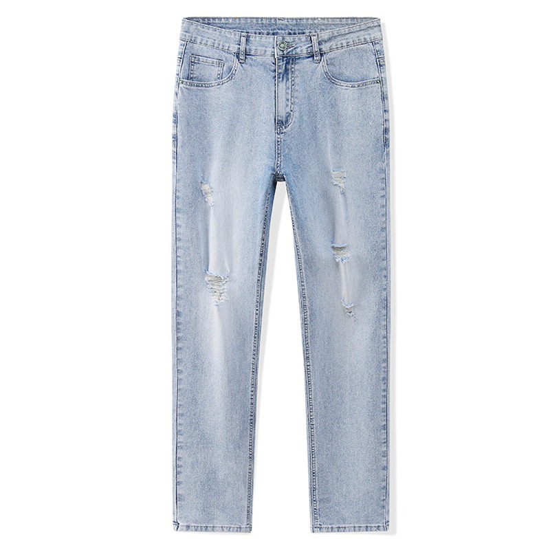 Jeans Homme Printemps-Été Déchirés Extensibles Coupe Slim Droite Affinée Décontractés Effet Vieilli Délavé Bleu Légers Doux Durables