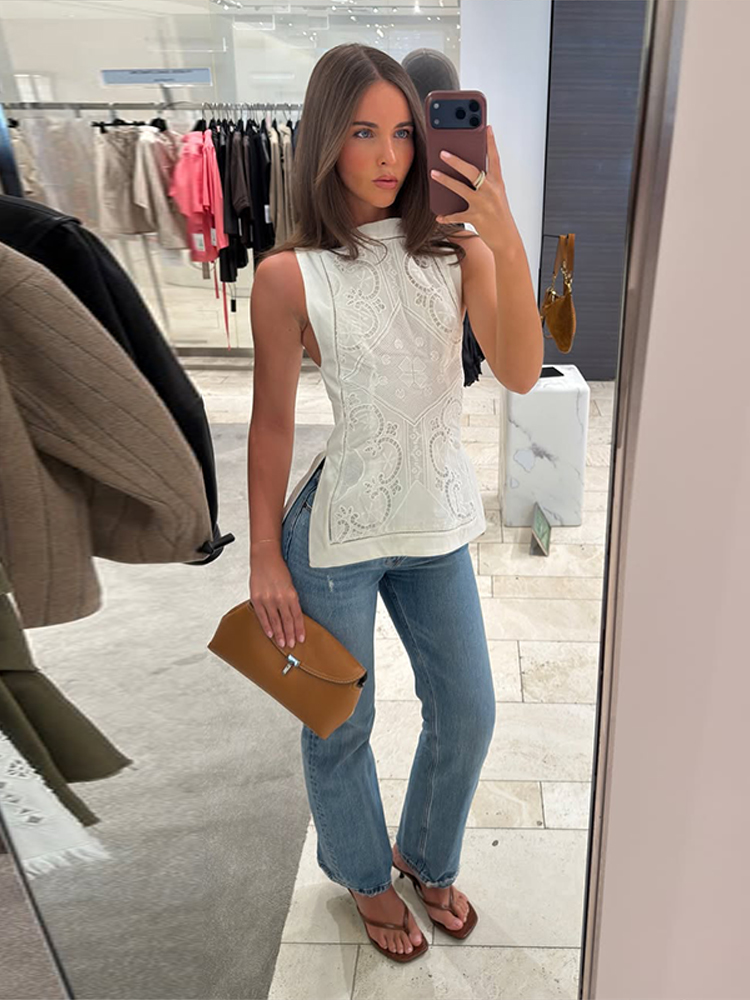 Débardeur brodé vintage pour femme, col rond, sans manches, à découpes, fente latérale, idéal pour l'été, les soirées, les clubs, le quotidien et le streetwear