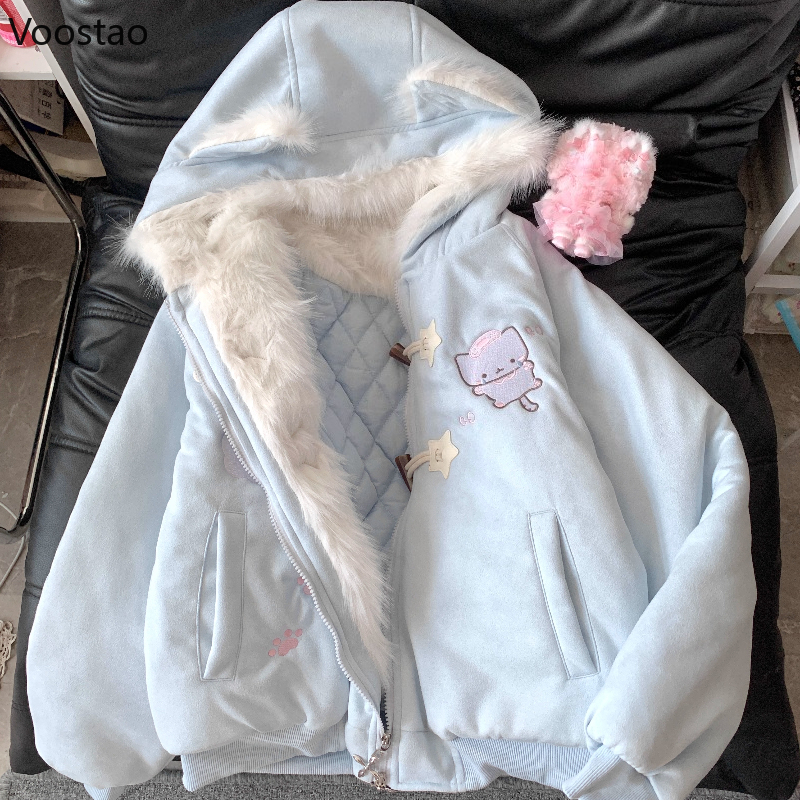 Parka japonaise Style Lolita pour femmes, manteau à capuche décontracté avec broderie de chat de dessin animé, veste chaude en peluche esthétique Y2k pour filles