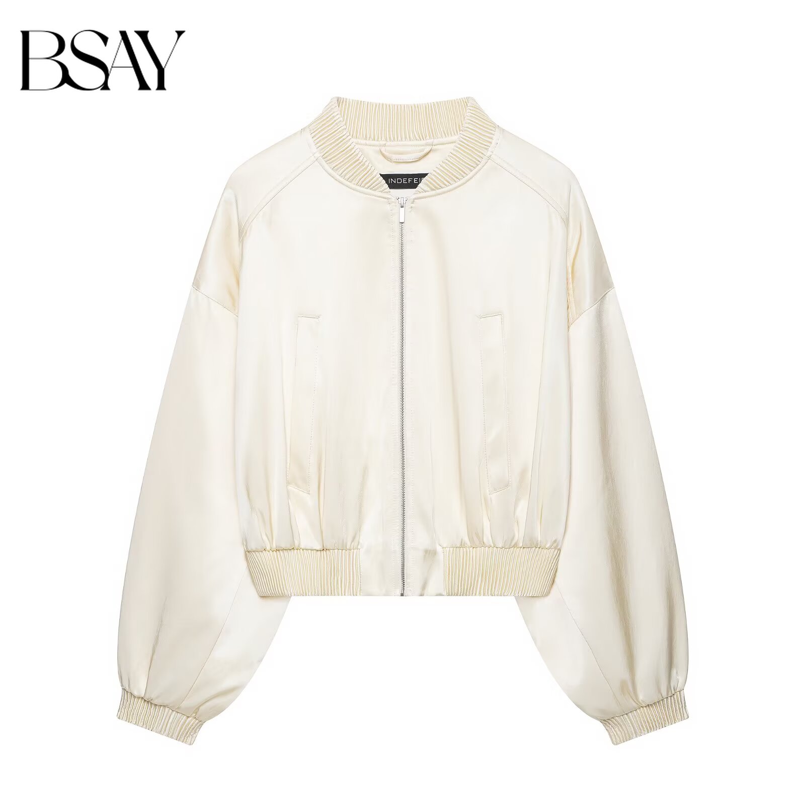 BSAY Veste Courte Femme Vintage Élégante en Satin, Col Côtelé, Fermeture Éclair, Poches, Manches Raglan Amples, Style Baseball Décontracté