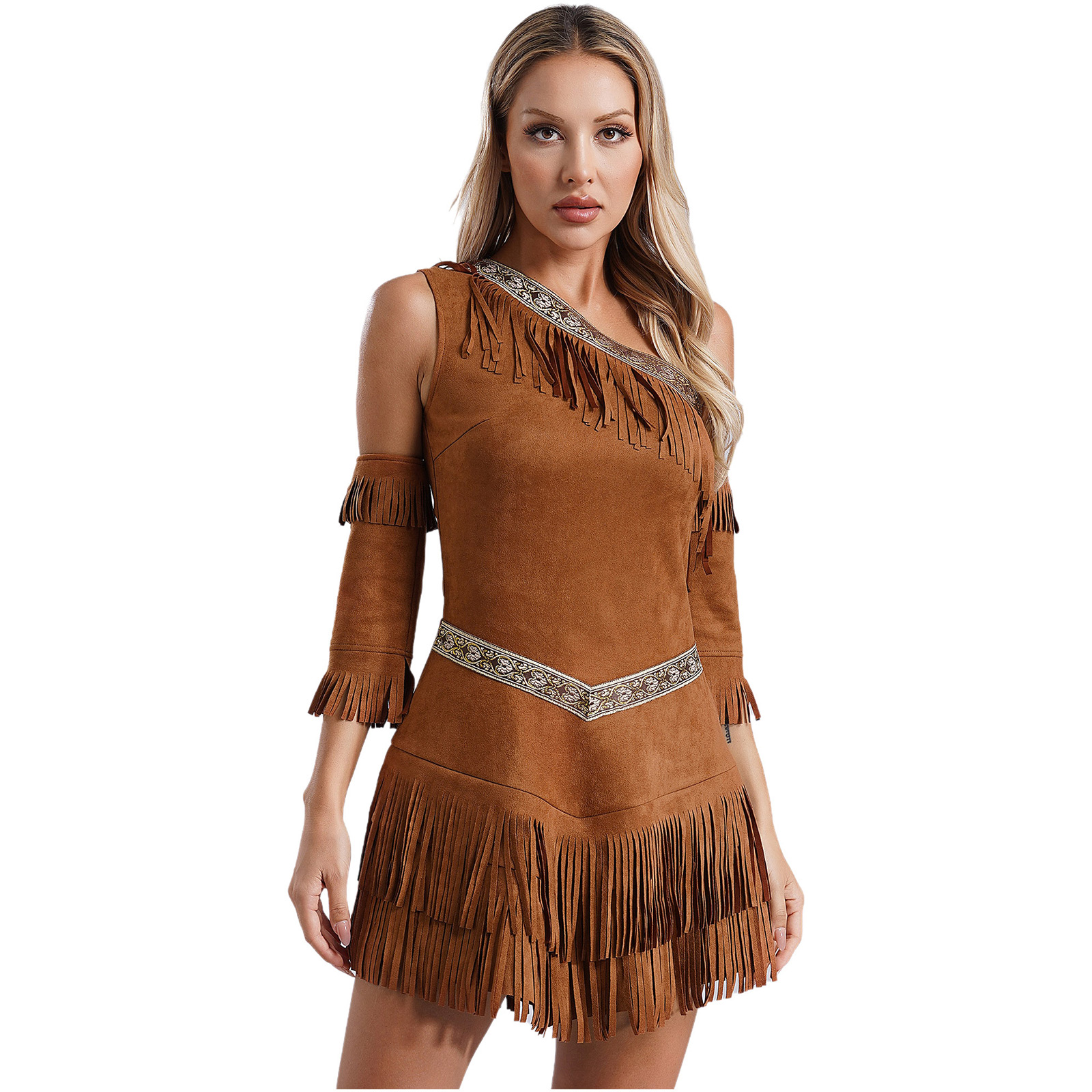 Costumes indigènes indiens pour femmes, tenue sauvage pour Halloween, cosplay aborigène, robe à une épaule sans manches avec franges pour chasseuses
