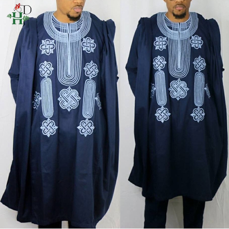 H & D costume africain pour hommes Robe chemise pantalon ensemble à manches longues hauts broderie Agbada vêtements Boubou Africain Homme Robes traditionnelles