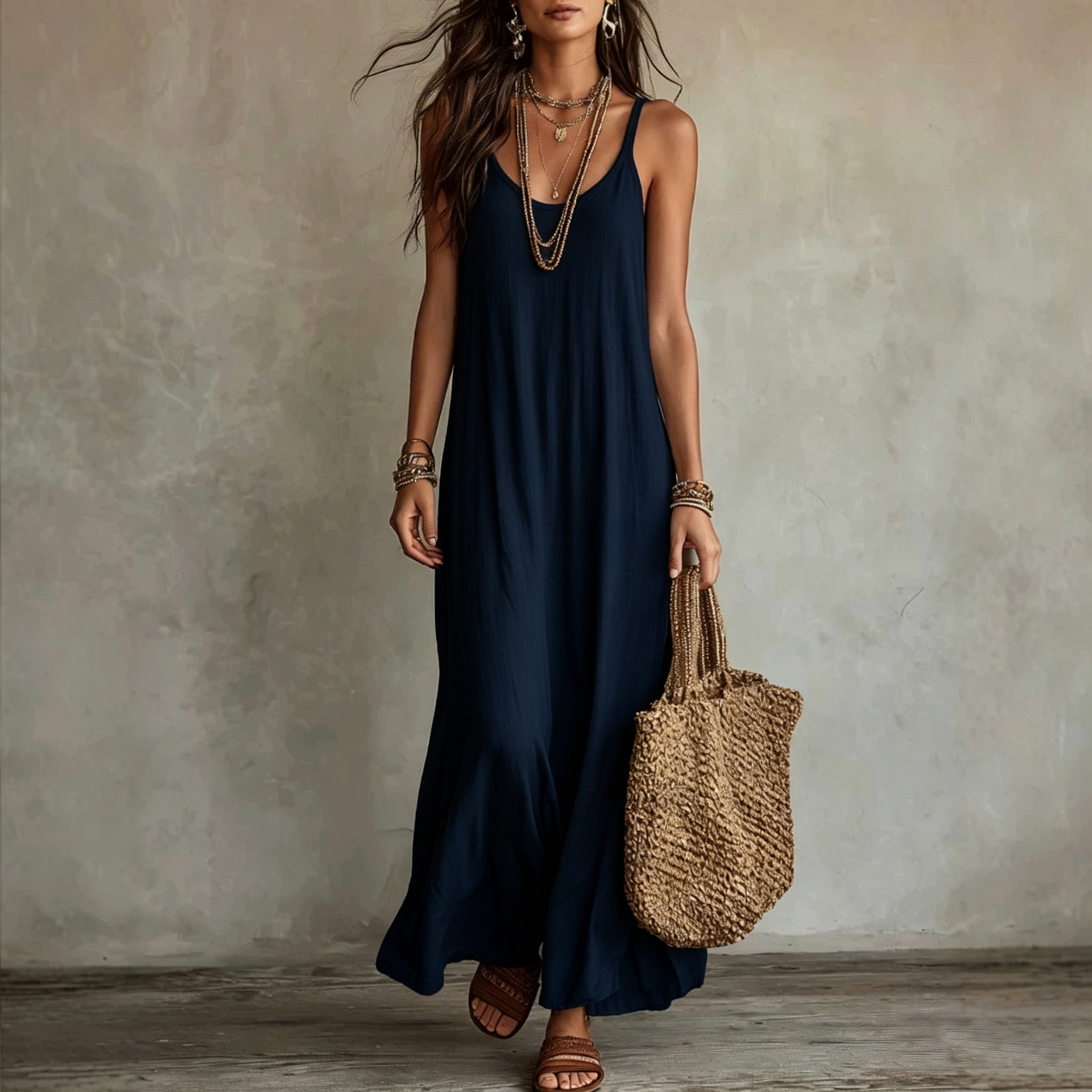 Robes Camisole Dos Nu pour Femme, Robe Bohème d'Été à Bretelles Fines, Robe Longue Décontractée, Robe de Plage pour les Vacances