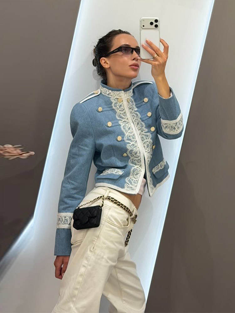 Veste Courte en Jean Bleu Clair pour Femme, Double Boutonnage, Col Montant, Manches Longues à Motifs Floraux, Bordure en Dentelle, Poches, Style Vintage