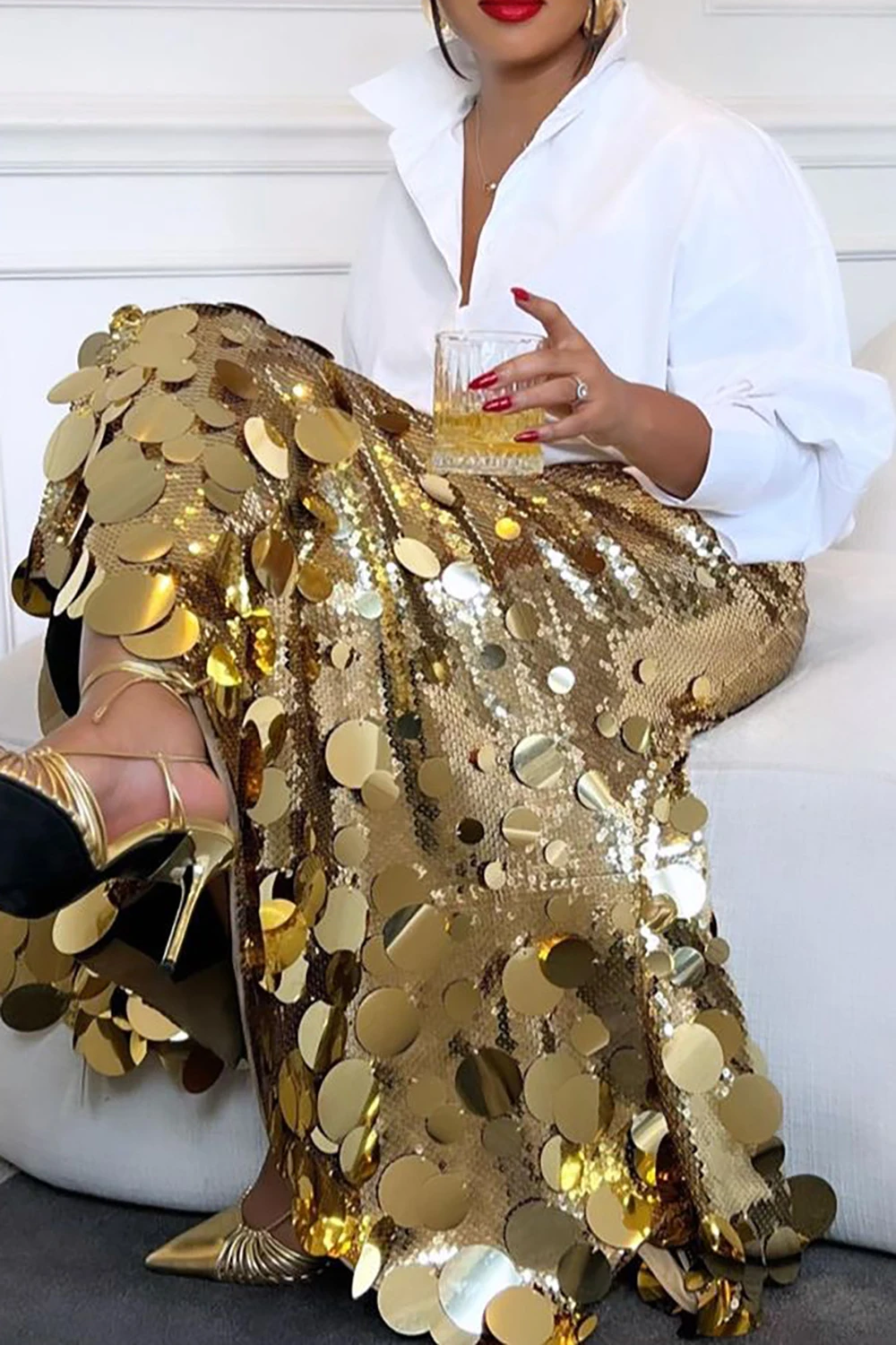 Jupes formelles grande taille pour femmes, élégantes, longues paillettes dorées, soirée, Club, taille haute, jupes de Cocktail décontractées