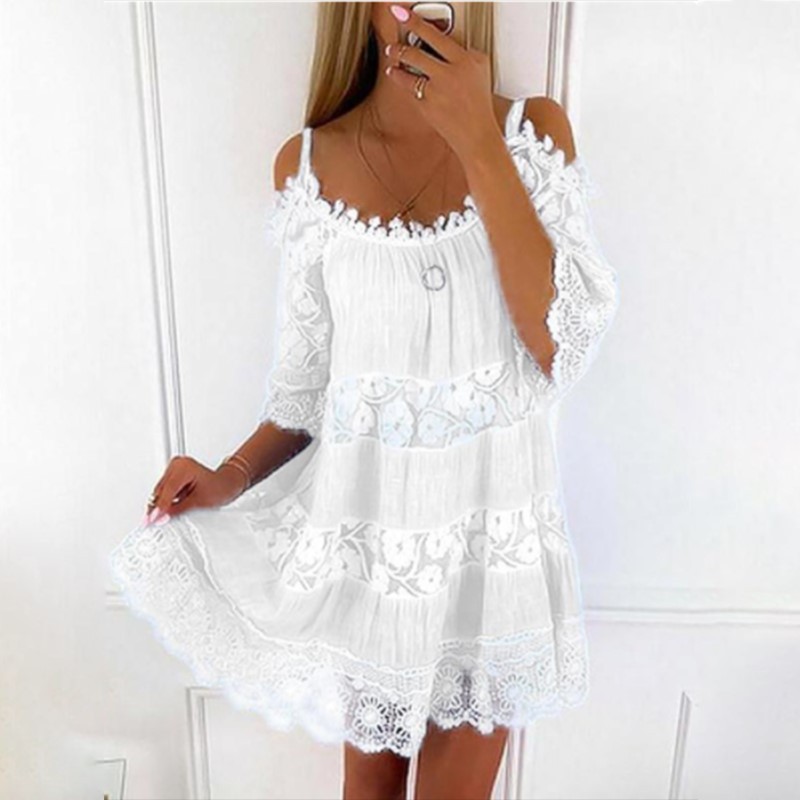 Robe de plage en dentelle blanche pour femmes, décontractée, vintage, à panneaux, sexy, éducative