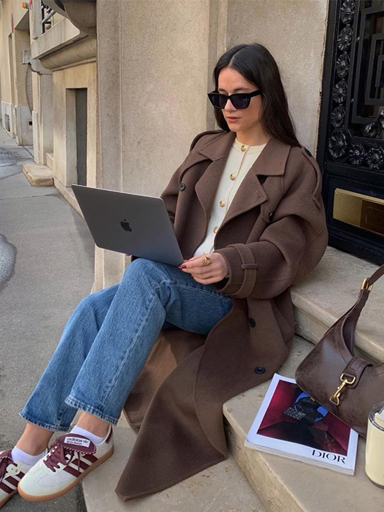 Manteau Long Décontracté en Laine pour Femme, Élégant, à Manches Longues, Double Boutonnage, Col Revers, Veste Féminine Tendance Automne Hiver 2026