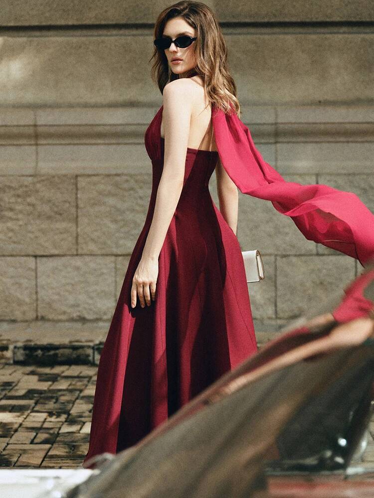 QMQA – robe de soirée élégante pour femmes, col licou, ruban de gaze, Patchwork plissé, ligne a, nouvelle collection printemps 2026, QM1058