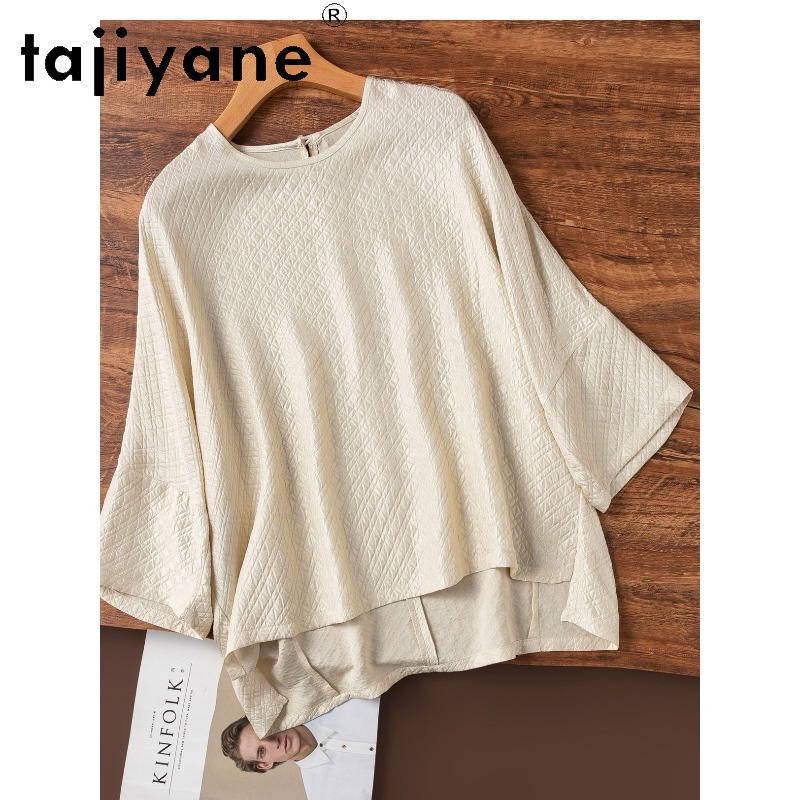 TAJIYANE T-shirt Femme 100% Soie de Mûrier à Carreaux Manches Chauve-Souris Simple Décontracté Hauts Printemps Vêtements Femme 2026