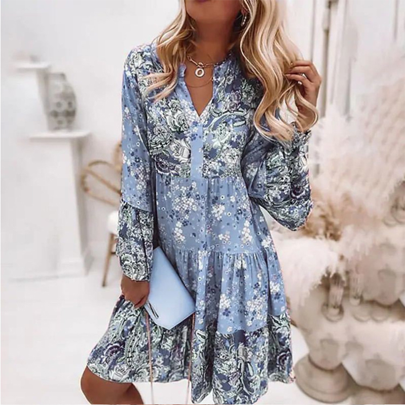 Robe trapèze imprimée à manches longues pour femmes, élégante, plissée, décontractée, robe patineuse de plage, manches évasées, col en v, robes mi-longues