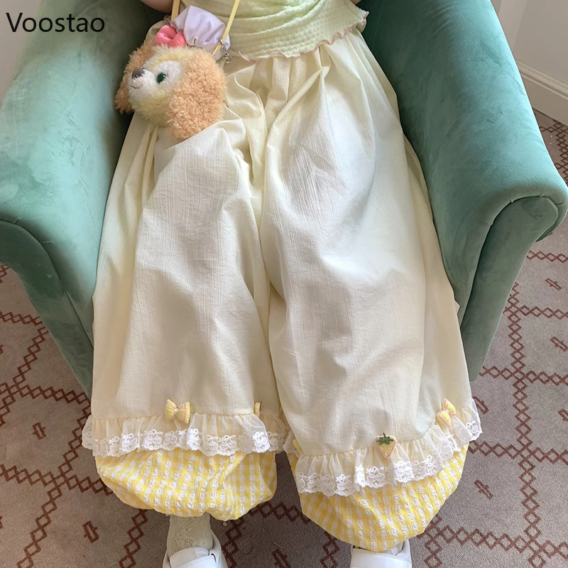 Pantalon Style japonais Kawaii Lolita pour femmes, avec nœud doux, en dentelle, à volants, Plaid, Patchwork, bouffant, décontracté, ample, Y2k, automne