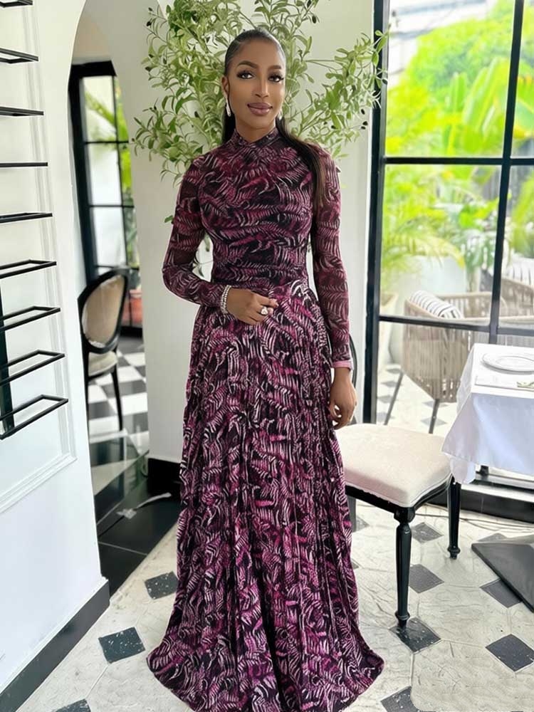 Robe longue à manches longues pour femme, imprimée, élégante, plissée, amincissante à la taille, vente en gros, livraison directe