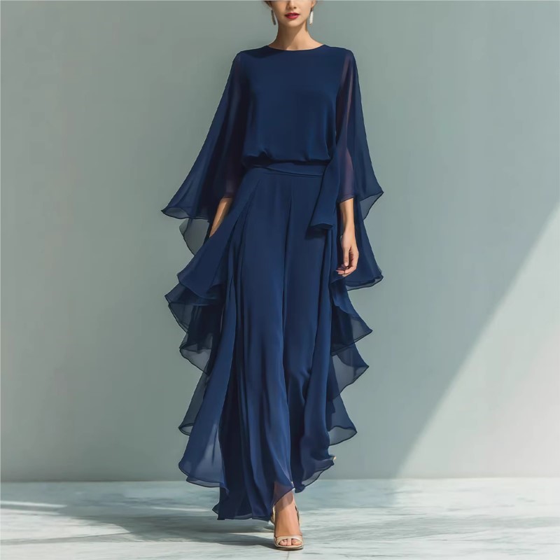 Ensemble deux pièces bohème pour femme : chemise en mousseline bleu marine à manches cloche et pantalon droit à volants – Tenue tendance