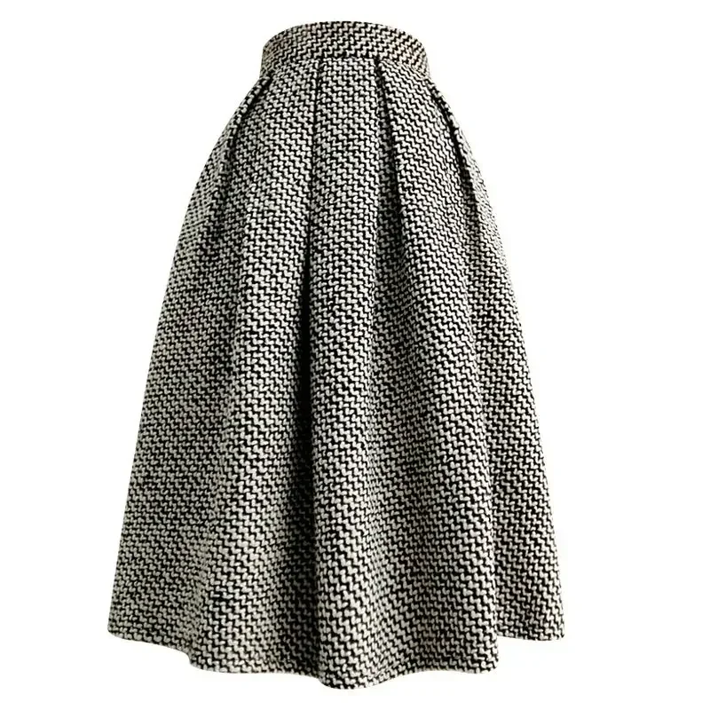 2025 nouvelle mode Tweed avec poche genou longueur jupe hiver femmes Vintage épaissi taille haute plissée a-ligne jupes Faldas