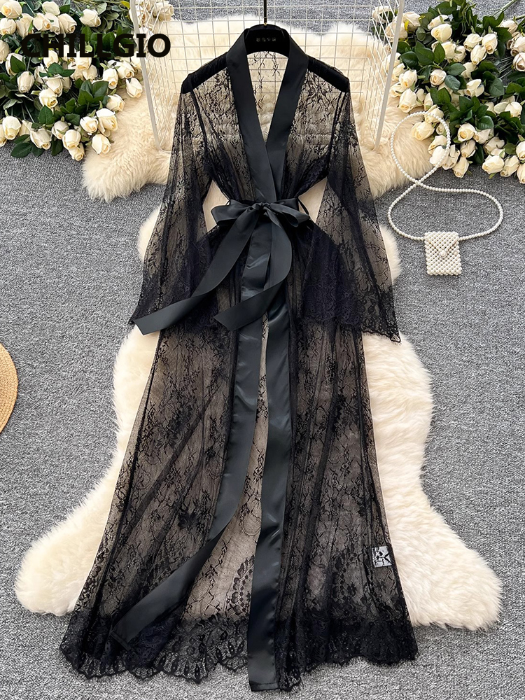 MiniInTheBox LGIO-Robe longue en dentelle transparente pour femme, tentation, chemise de nuit sexy à lacets, nœud, taille haute, robe adulte, robe de luxe élégante