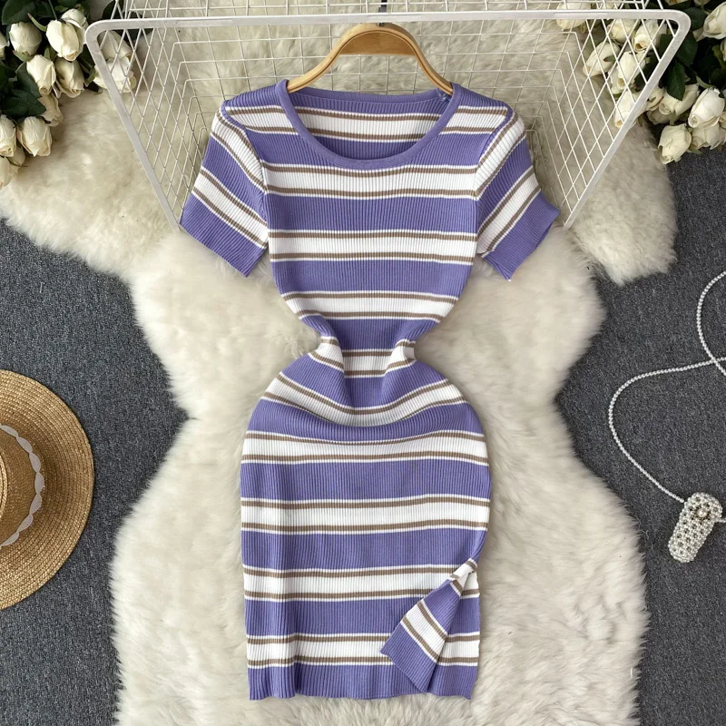 Robe mi-longue patchwork à manches courtes pour femmes, pull taille haute, robe décontractée élastique, robe sexy, vêtements de batterie con