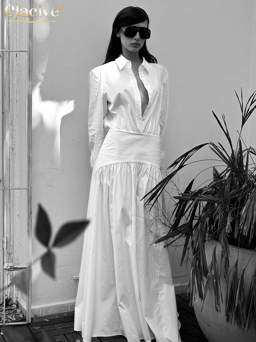 ClacMarkets-Robe décontractée en coton blanc pour femme, manches longues, longueur de rinçage, revers élégant, robe femme classique, mode adt, 2025