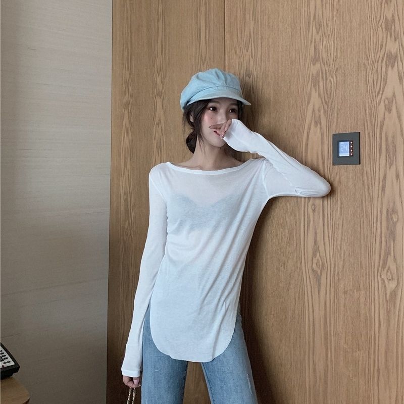 T-shirt manches longues pour femmes, ourlet fendu, Slim, simplicité, rue, décontracté, tendance, solide, basique, coréen, mode douce, vêtements pour femmes