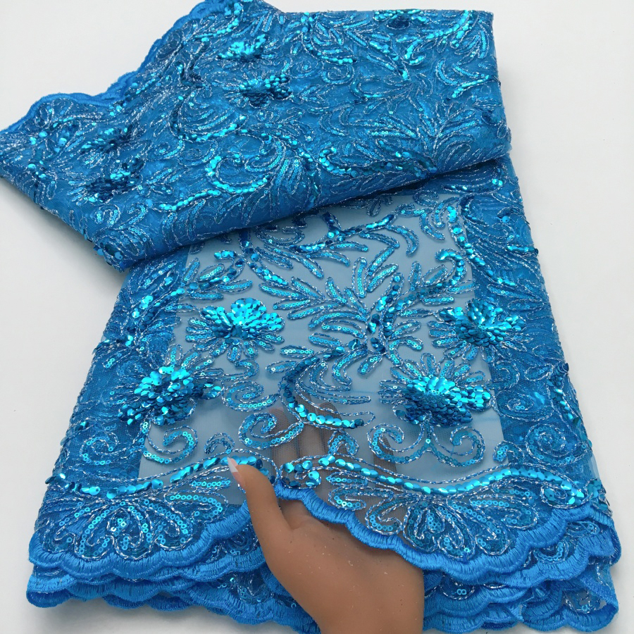 Tissu en dentelle de tulle bleu à sequins, broderie de luxe française pour robe de mariée, tissu en dentelle africaine 2026, matériau en filet de haute qualité A3812