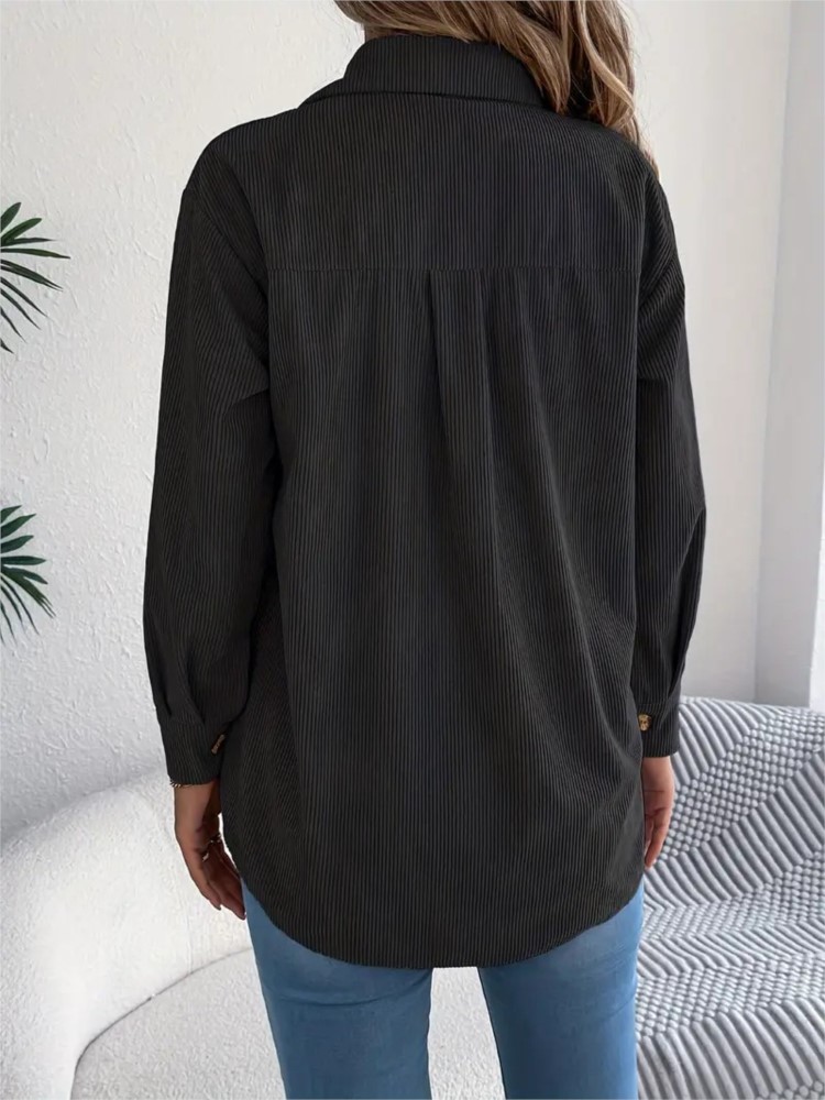 Veste en velours côtelé à manches longues pour femme, élégante, simple boutonnage, couleur unie, chemise ample et décontractée, nouvelle mode, manteau supérieur noir, vêtements pour femmes