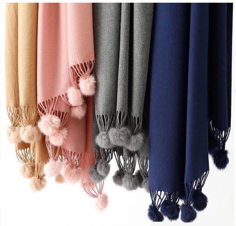 Écharpe châle en cachemire de haute qualité pour femme avec pompon en fourrure de lapin, pashmina surdimensionnée, poncho, hijab, couverture, cachecol pour l'hiver