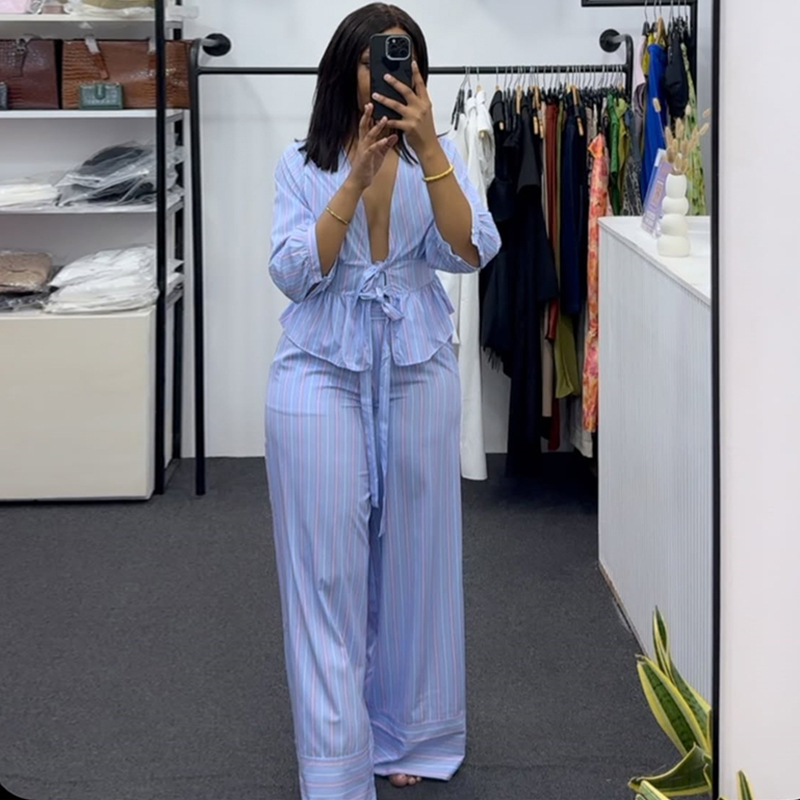 Ensemble deux pièces pour femmes, col en V, chemise à manches longues, hauts rayés, jambes larges, pantalons longs à lacets, taille haute, Streetwear Y2k, travail