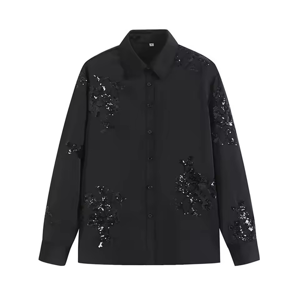 Ensemble chemise et pantalon brodés pour femmes, ensemble 2 pièces, haut et pantalon en Satin à paillettes, nouvelle collection printemps été 2025