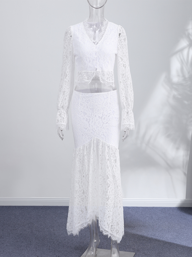 Nouveauté 2026 : Ensemble Printemps Femme – Hauts en Dentelle à Manches Bouffantes, Jupes Longues, Manteaux Slim à Col V et Jupes Cintrées à la Taille – Tenue Unie Élégante