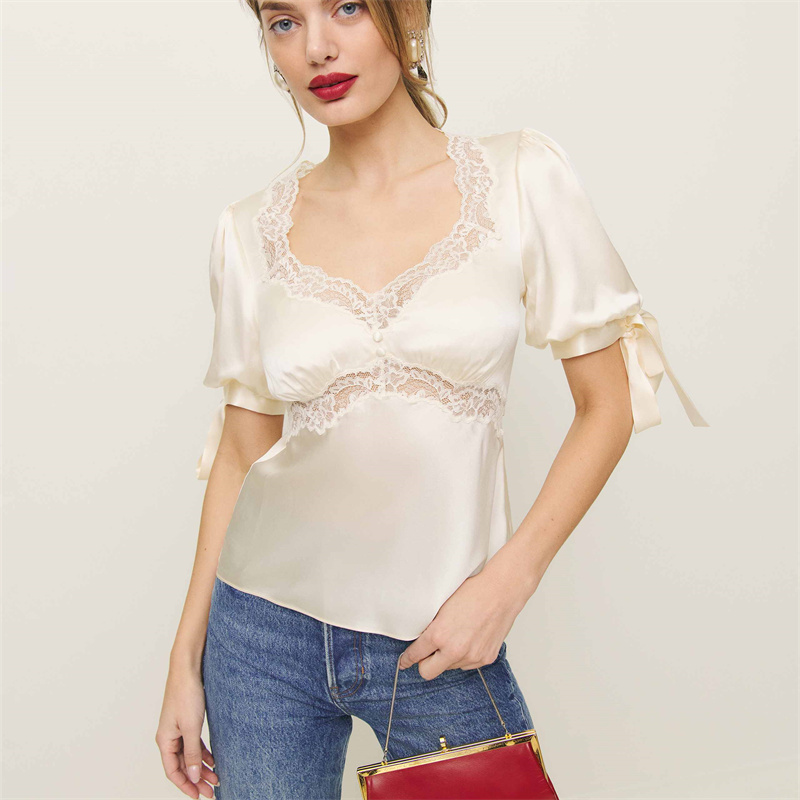 Chemisier d'été en Satin pour femmes, hauts en dentelle, Patchwork, manches courtes bouffantes, col en v, avec attaches en ruban réglables