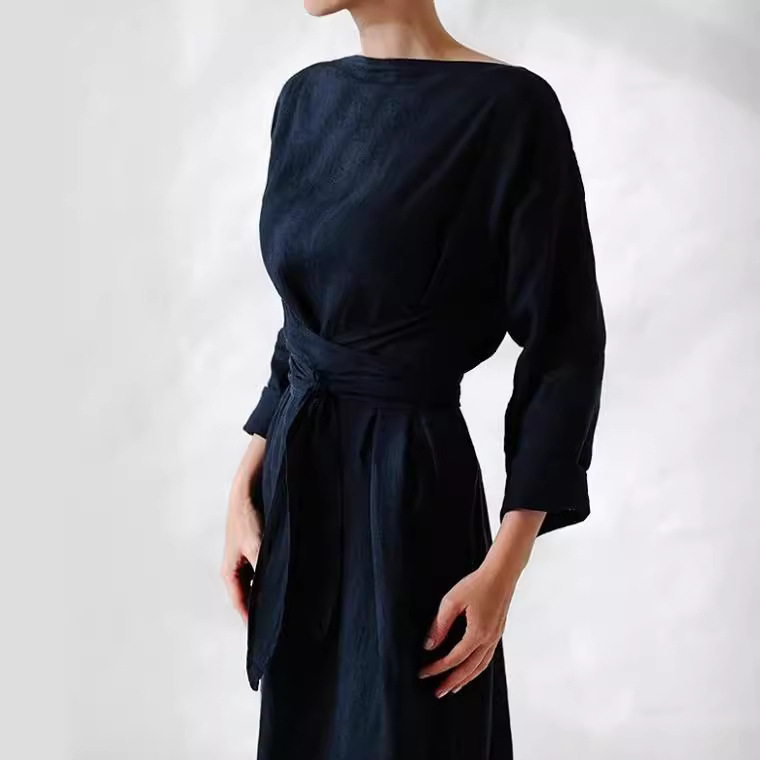 Robe ample en coton et lin pour femmes, manches longues, mode décontractée, couleur unie, avec nœud à lacets, Maxi, élégante, automne 2024